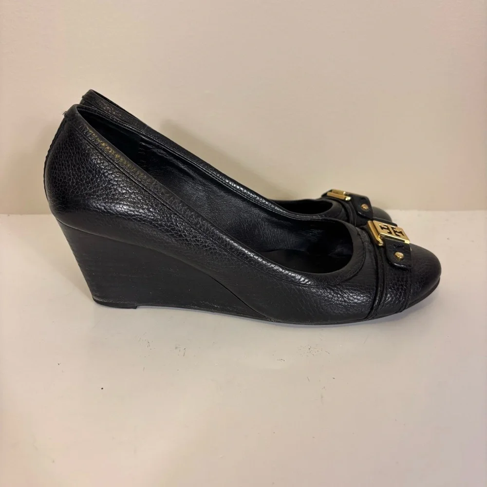 Tory Burch Black Leather Wedge Pumps with Gold Logo Trim 8.5‎
